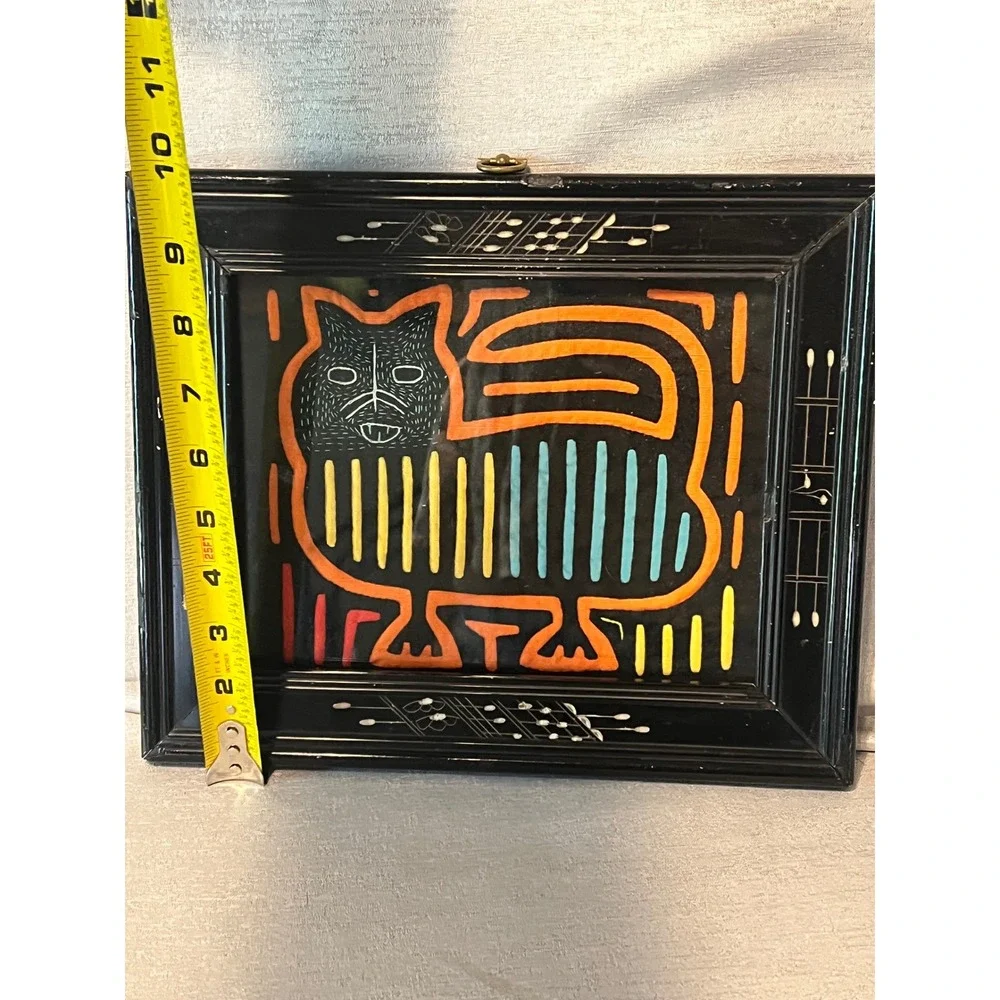 Vintage Panama Mola Folk Art Framed Cat Textile Guna Indigenous Handmade Art